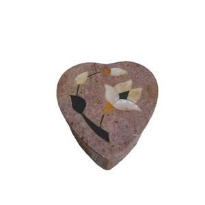 Vintage Heart shaped Marble Mother of Pearl Stone Trinket Jewelry Ring Box Case